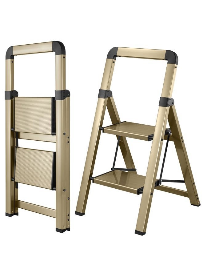 BIBKOKE Step Ladders Folding 4-Step Champagne Gold Finish Aluminum Foldable Step Stool,Anti-Slip Portable Sturdy for Home & Kitchen Office 330 lbs - Image 1