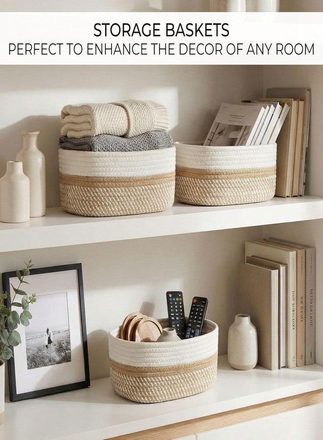 TRENDOZE 100% Natural Jute small box mini rope paper storage Round hamper baby nursery tray bucket for Living Kitchen, Office, Drawing Room,fruits, kitchen, office, Set of 3 (WHITE BEIGE) - Image 4