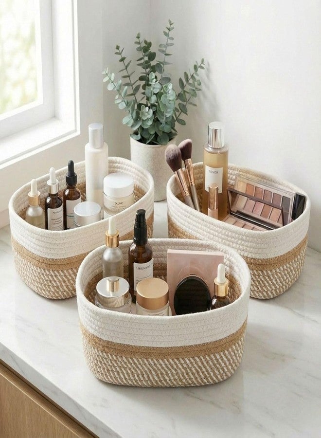TRENDOZE 100% Natural Jute small box mini rope paper storage Round hamper baby nursery tray bucket for Living Kitchen, Office, Drawing Room,fruits, kitchen, office, Set of 3 (WHITE BEIGE) - Image 1