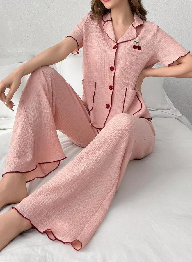 تايك تو Light Pink Cherry Embroidery Shirt and Pyjama Set