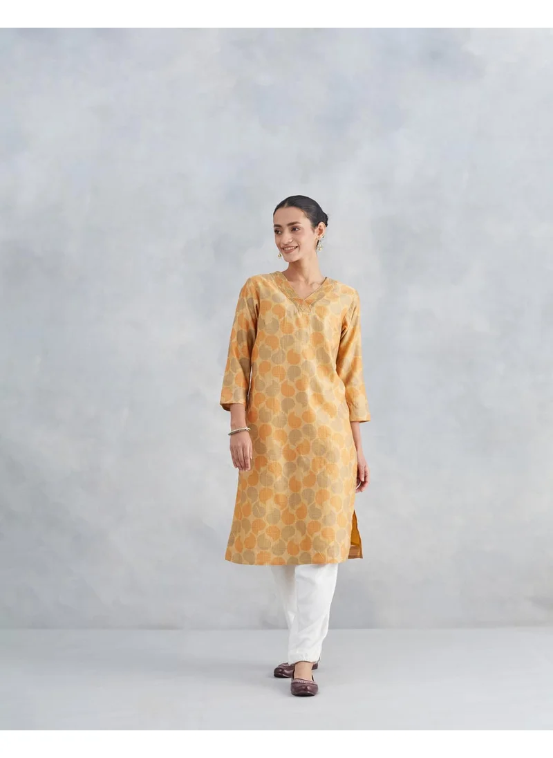 فاب انديا Mustard Cotton Silk Printed Knee Length Kurta