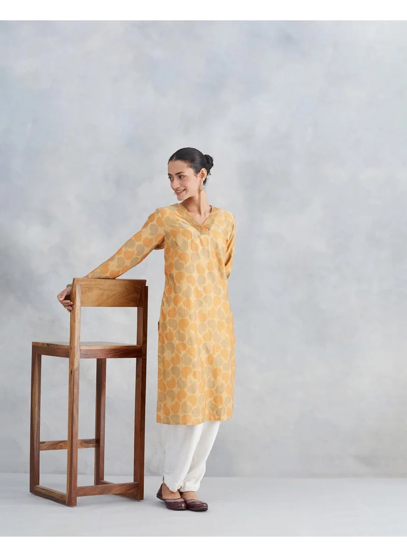 فاب انديا Mustard Cotton Silk Printed Knee Length Kurta