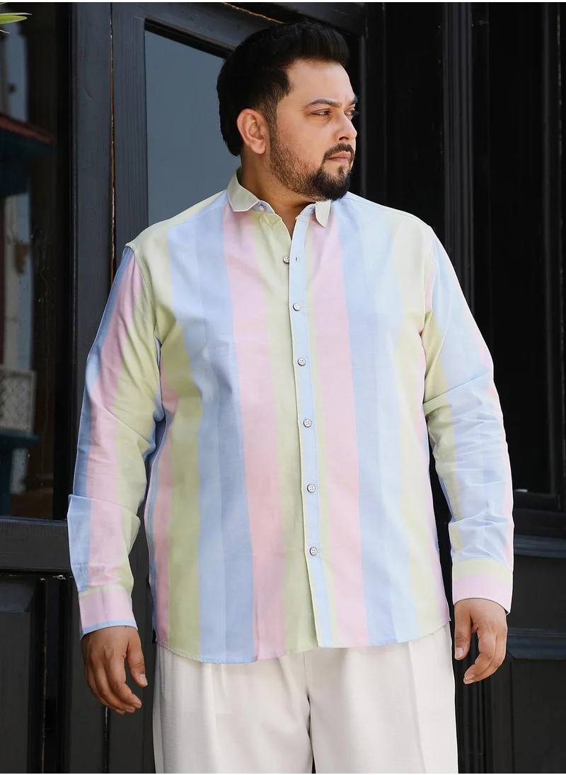 انستافاب بلس Instafab Plus Men's Baby Pink & Butter Yellow Roman Striped Shirt For Casual Wear | Spread Collar | Long Cuffed Sleeves | Button Closure | Plus Size Shirt Crafted With Comfort Fit For Everyday Wear