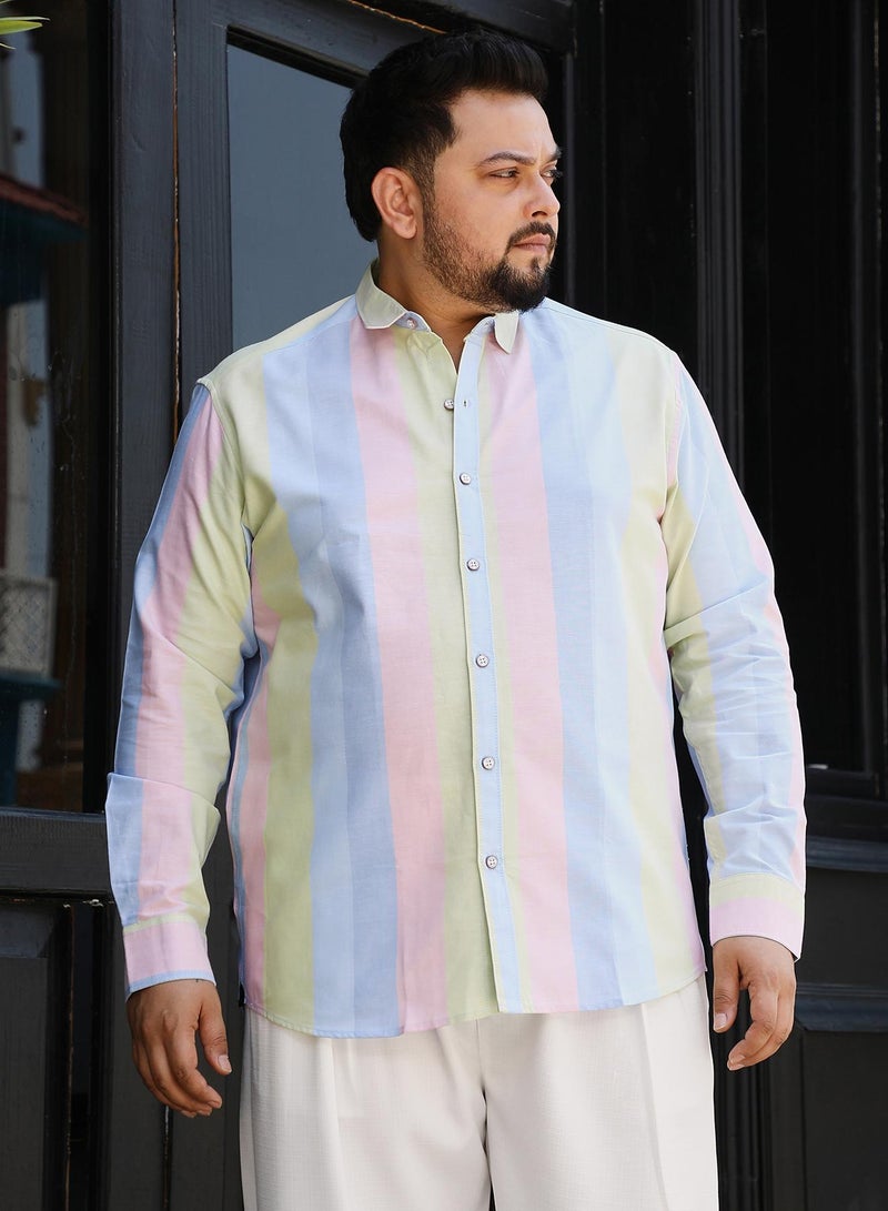 Instafab Plus Instafab Plus Men's Baby Pink & Butter Yellow Roman Striped Shirt For Casual Wear | Spread Collar | Long Cuffed Sleeves | Button Closure | Plus Size Shirt Crafted With Comfort Fit For Everyday Wear - Image 2