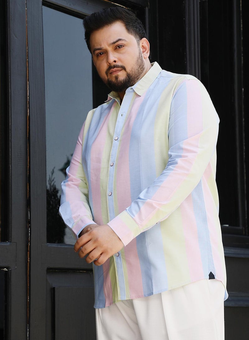 Instafab Plus Instafab Plus Men's Baby Pink & Butter Yellow Roman Striped Shirt For Casual Wear | Spread Collar | Long Cuffed Sleeves | Button Closure | Plus Size Shirt Crafted With Comfort Fit For Everyday Wear - Image 3