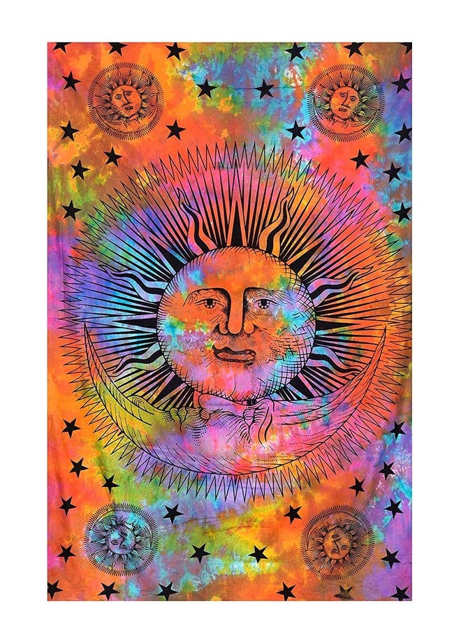 ART WORLD Psychedelic Sun Moon Stars Tie Dye Mandala Tapestry Hippie Hippy Celestial Wall Hanging Indian Bohemian Tapestries (Multi Color, Medium (60X54 Inches)) - Image 1