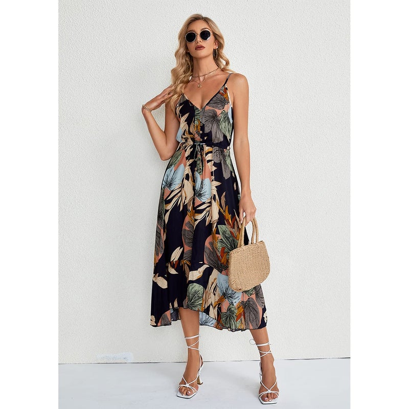 BROVAVE Women's 2025 Summer Casual Boho Sundress Polka Dot Spaghetti Strap V Neck Flowy Midi Dresses(008 Black, X-Large) - Image 3