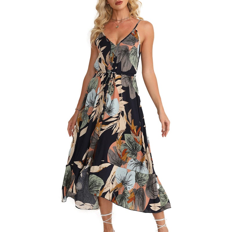 BROVAVE Women's 2025 Summer Casual Boho Sundress Polka Dot Spaghetti Strap V Neck Flowy Midi Dresses(008 Black, X-Large) - Image 1