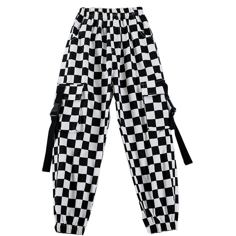 Childrens Spring and Autumn Sports Pants Camouflage Pants Jeans Street Dance Hip Hop Jazz Dance Casual Pants Personalized Pants Shorts Black and White Plaid Trousers