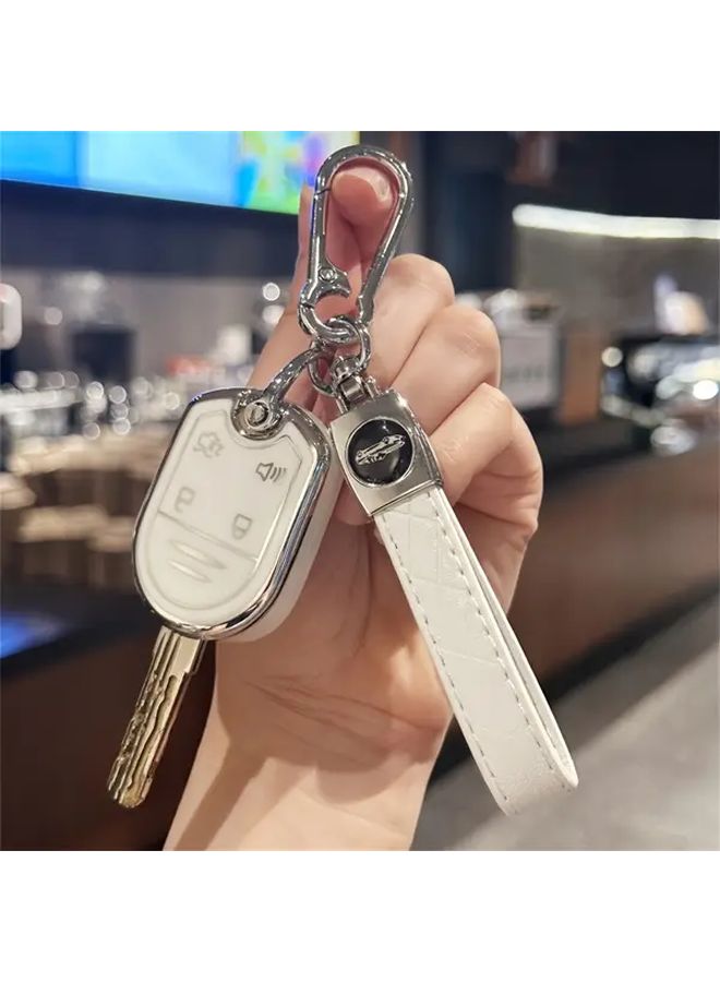 White Soft TPU Car Key Cover FOB Shell with Lanyard and Metal Ring - Image 2
