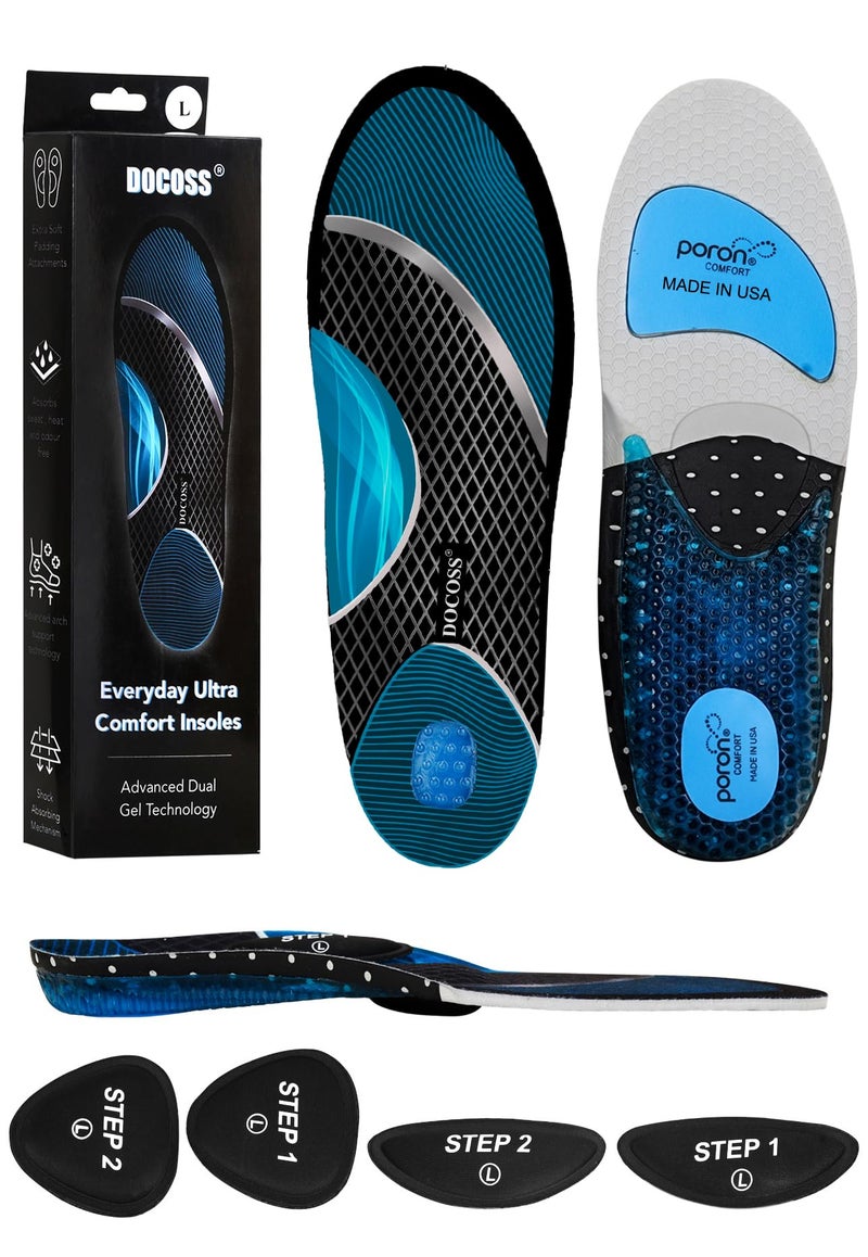 DOCOSS x Poron(USA Make) Gel Insoles For Men,Women Orthopedic Insole for Flat Feet with Attachments For Extra Comfort & Patented Dual Gel Design, Medial Arch Support Footwear,Ideal For Loose Shoes or Replacing Existing Insoles/Inserts, Shock Absorbing Foot Sole Pain Relief (Small /UK 3-6/EU 35-40) - Image 1