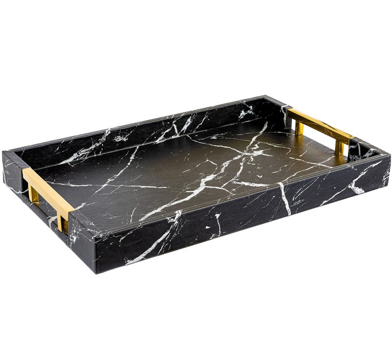 Home Redefined Modern Elegant 18x12 Rectangle Black Marble Faux Leather Decorative Tray Ottoman Coffee Table Perfume Living Room Kitchen Serving Tray with Gold Polished Handles for All Occasions