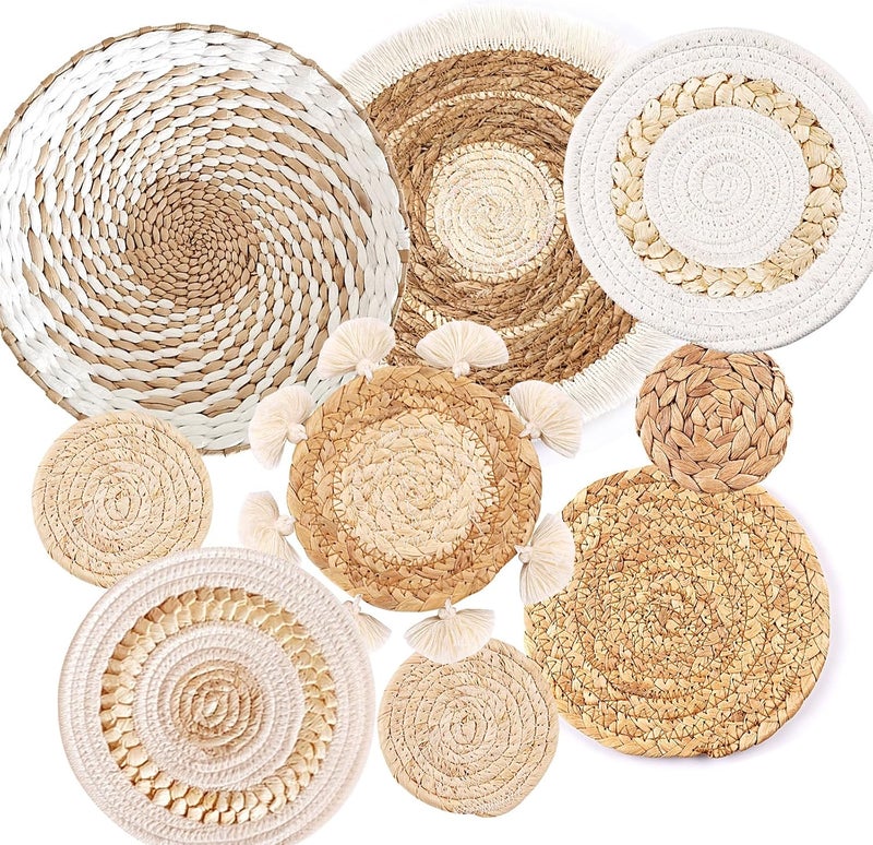 Bohemian Style Woven Wall Hanging Basket Set 9-piece Bedroom Living Room Kitchen Decorative Ornaments Beige - Image 1