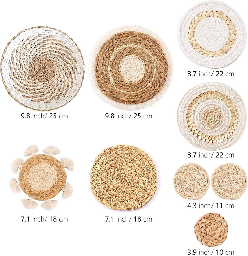 Bohemian Style Woven Wall Hanging Basket Set 9-piece Bedroom Living Room Kitchen Decorative Ornaments Beige - Image 3