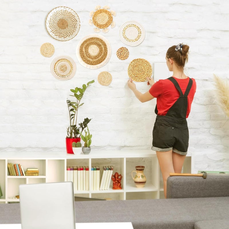 Bohemian Style Woven Wall Hanging Basket Set 9-piece Bedroom Living Room Kitchen Decorative Ornaments Beige - Image 2