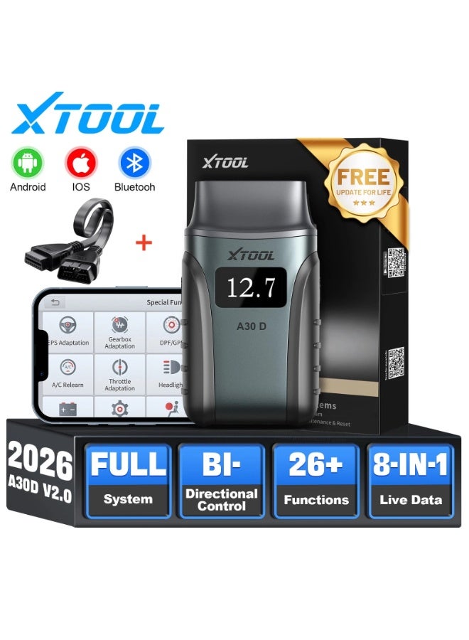أداة اكس  أداة التشخيص XTOOL Anyscan A30D OBD2 - أداة فحص لاسلكية ثنائية الاتجاه - تحديثات مدى الحياة و19 عملية إعادة ضبط لمستشعر الكرنك وEPB وإعادة تعلم الخانق - قارئ شفرات السيارة الشامل للأنظمة المختلفة لأجهزة iPhone وAndroid - Image 1