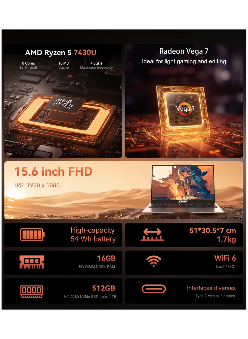 ACEMAGIC Laptop Gaming Acemgaic 15.6-inch AMD Ryzen5 7430U 16GB SO-DIMM DDR4 512GB M.2 2280 NVMe PCIe3.0 SSD Windows 11 Pro Type-C/USB3.2/plastic material/WIFI6/Bluetooth5.2/TF Card english grey english grey - Image 2