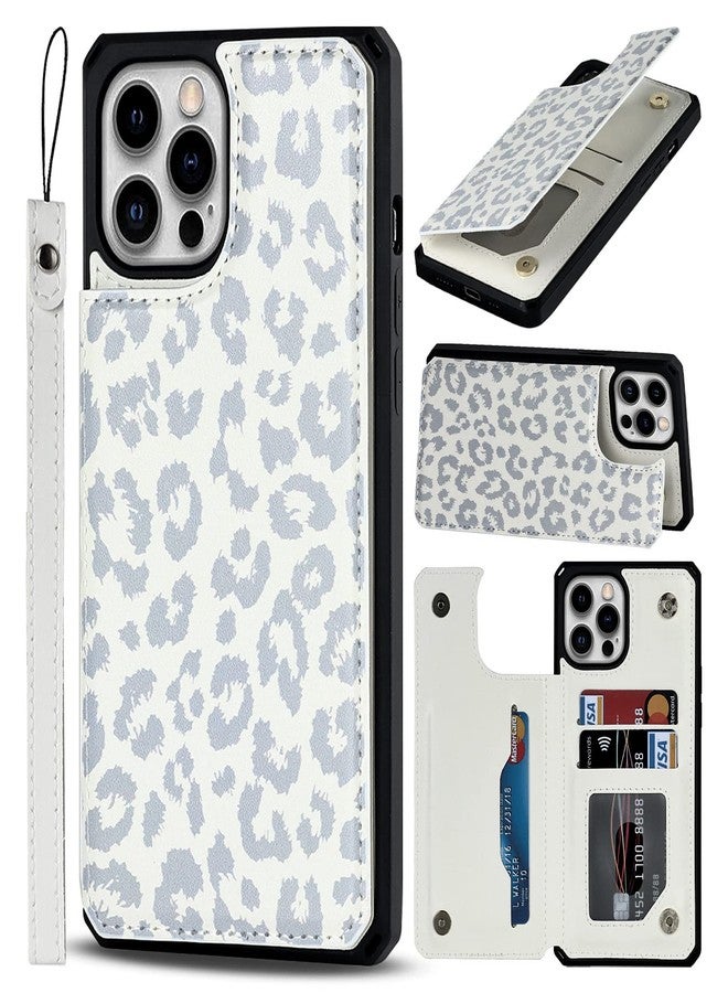 iCoverCase iPhone 12/12 Pro Wallet Case With Card Holder for Women Men, RFID Blocking, Card Slots, Kickstand, PU Leather, Wrist Strap (Gray Leopard) - Image 1