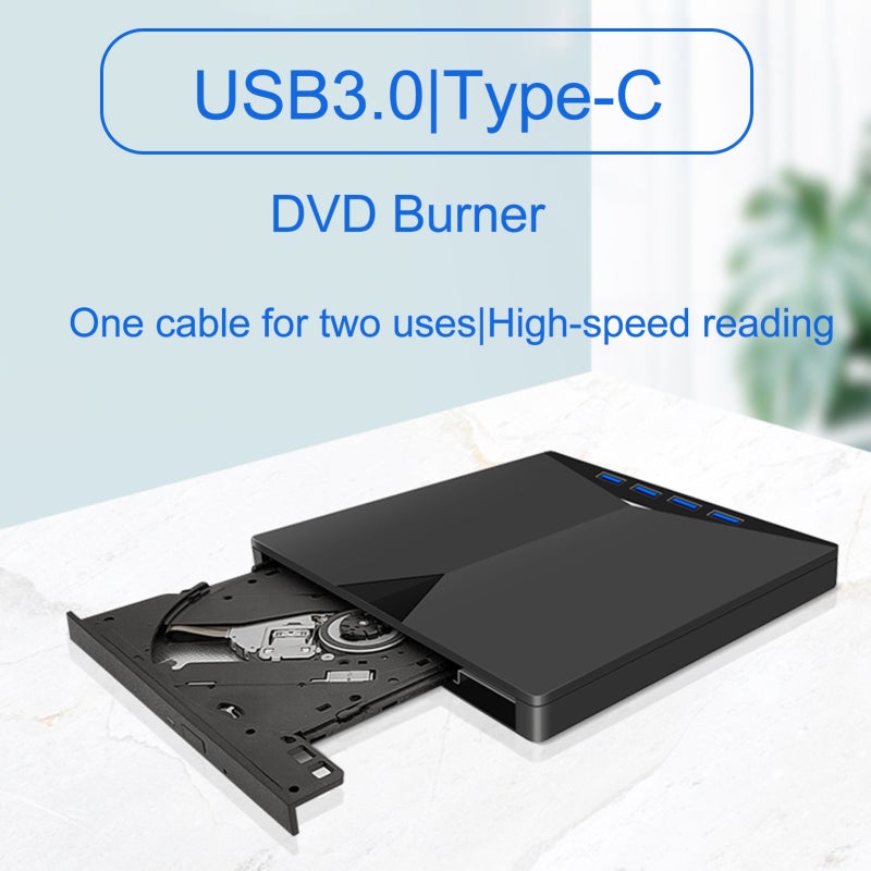 محرك سي دي/دي في دي خارجي محمول: تصميم متعدد الوظائف 7 في 1 - واجهات USB 3.0 و Type-C خفيف الوزن وسمك 1.5 سم باللون الأسود لأجهزة المحمول وأجه سطح المكتب وأجهزة الجيل الواحد - Image 2