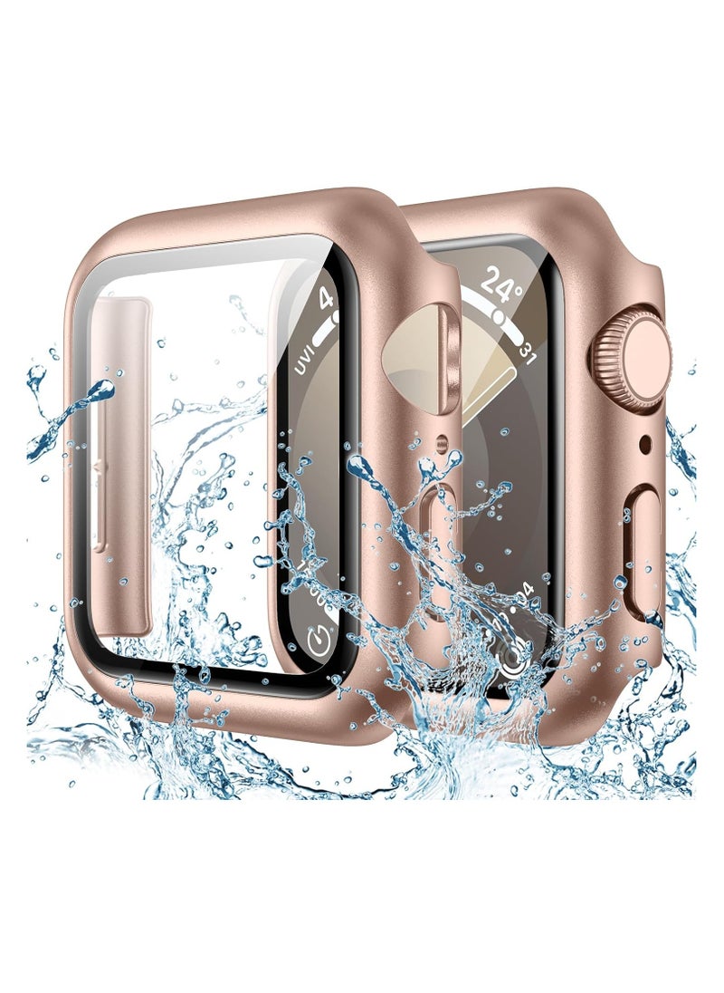 ميجوفاست حافظة مقاومة للماء لساعة Apple Watch Series 9 8 7 45 مم، واقي زجاجي مقوى عالي الدقة من مادة البولي كربونات الصلبة مصمم لملحقات iWatch 45 مم، لون ذهبي وردي أصلي  - Image 1