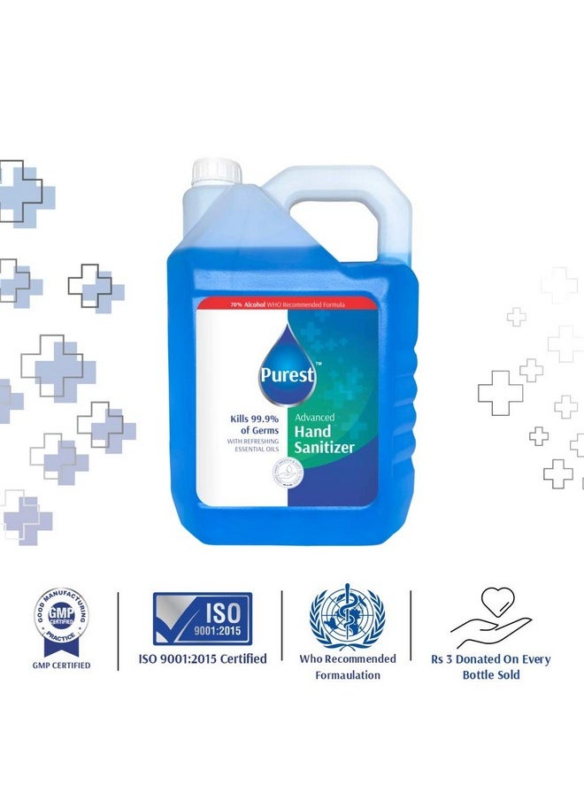 purest - Advanced Blue Liquid Sanitizer Hand Sanitizer 68% Alcohol-Based Kills 99.9% Of Germs Without Soap And Water 5 Litre Net 5000 Ml Refill Pack Can, (Who Recommended Formula) - Image 1