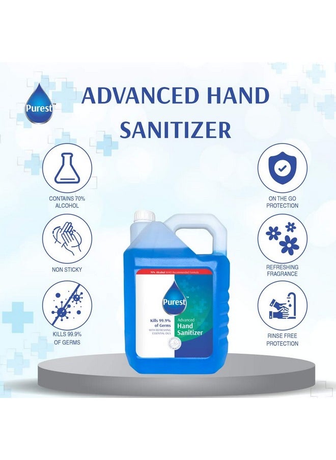 purest - Advanced Blue Liquid Sanitizer Hand Sanitizer 68% Alcohol-Based Kills 99.9% Of Germs Without Soap And Water 5 Litre Net 5000 Ml Refill Pack Can, (Who Recommended Formula) - Image 1
