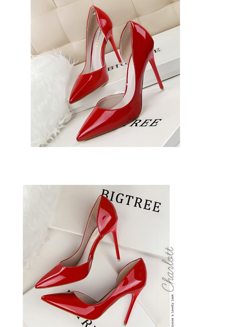 Fashion Simple Slim Patent Leather Shallow Mouth Pointy Hollowed Out Slim Heels  Red