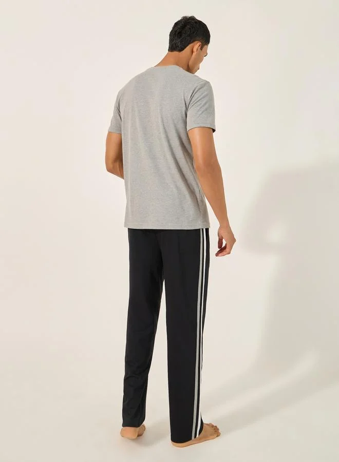Styli Solid Round Neck T-Shirt and Striped Pyjama Set