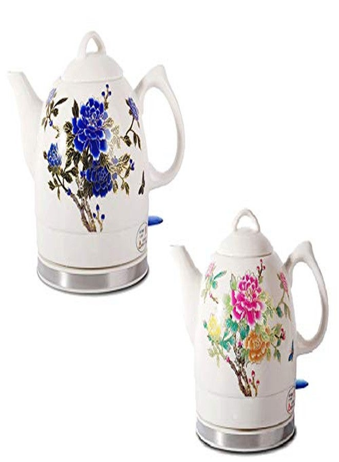FixtureDisplays® Ceramic Electric Kettle with Peony Flower Pattern Two-Tone 15000 - Image 1