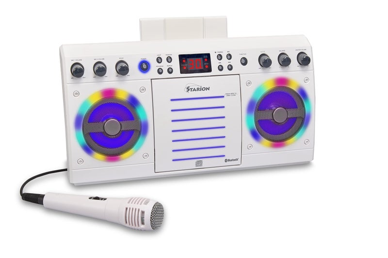 Starion KS303WB Portable BluetoothCDG Karaoke Machine White l Builtin Stereo Speakers l Detachable Tablet Holder l MultiColor Light Effects l Builtin Bluetooth Receiver l Microphone Included