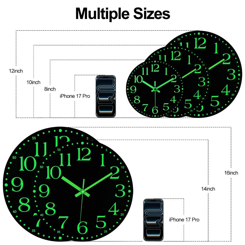 JoFomp Wooden Glow in The Dark Clock, 8 inch Silent Non-Ticking Battery Operated Clock, Energy-Absorbing Luminous Numerals and Hands, Lighted Wall Clock Decoration (Black, 8 INCH) - Image 3