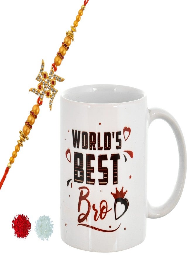 PrideKraft Gold Plated Rakhi with Roli Chawal and Raksha Bandhan Greeting Card with coffee mug - Image 1