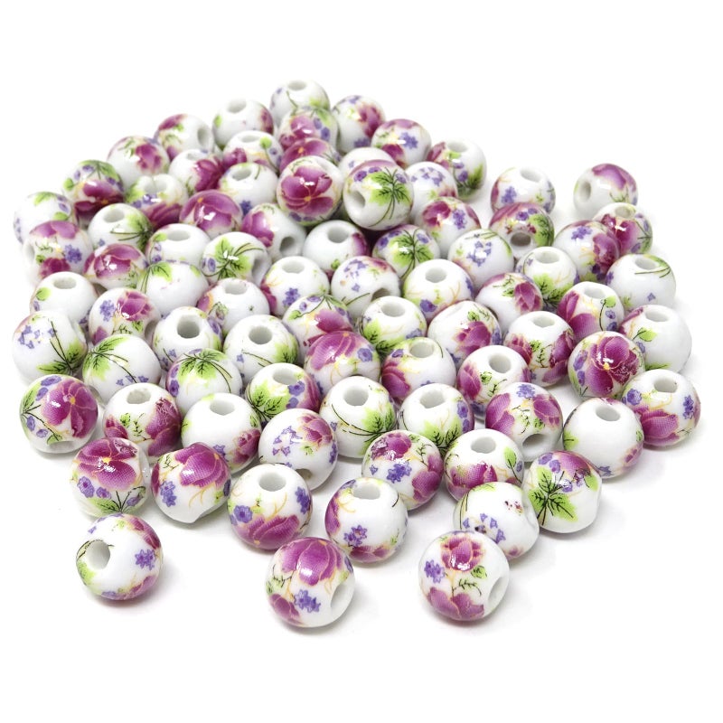 Honbay 100PCS 10mm Ceramic Beads Porcelain Flower Round Beads Spacer Beads Loose Beads with 1PCS Drawstring Bag for Necklaces Earrings Bracelets Making DIY Crafts Purple Peony