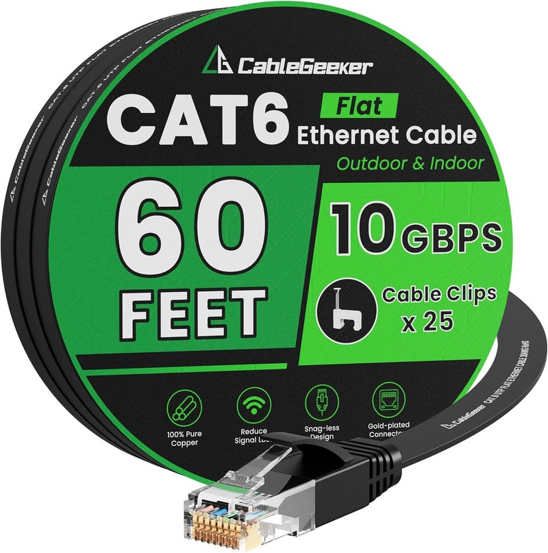 CableGeeker Cat 6 Ethernet Cable 60 ft, Indoor&Outdoor, High Speed 10Gbps Flat Internet Network Cable, Pure Copper Ethernet Patch Cable Long, Computer LAN Cable with Clips & Straps for Router, Modem, PS4/5, Black - Image 1