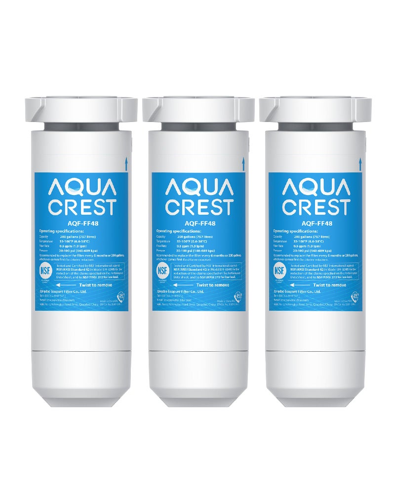 فلتر مياه الثلاجة AQUACREST المعتمد من NSF متوافق مع نماذج ثلاجات GE XWF التي تبدأ بـ GBE21 GDE21 GDE25 GFE24 GFE26 GNE21 عبوة من 3 قد تختلف التعبئة والتغليف