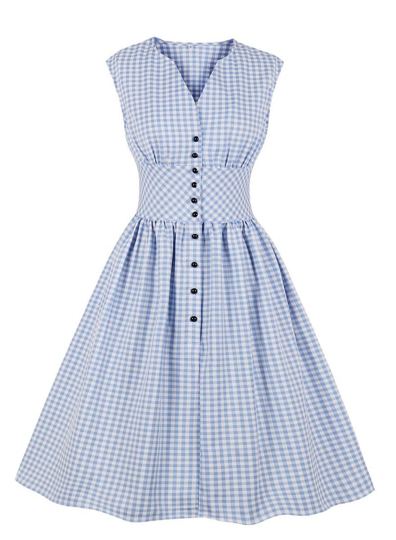Loquat Single-breasted plaid V-neck sleeveless high-waisted vintage dress  - Image 1