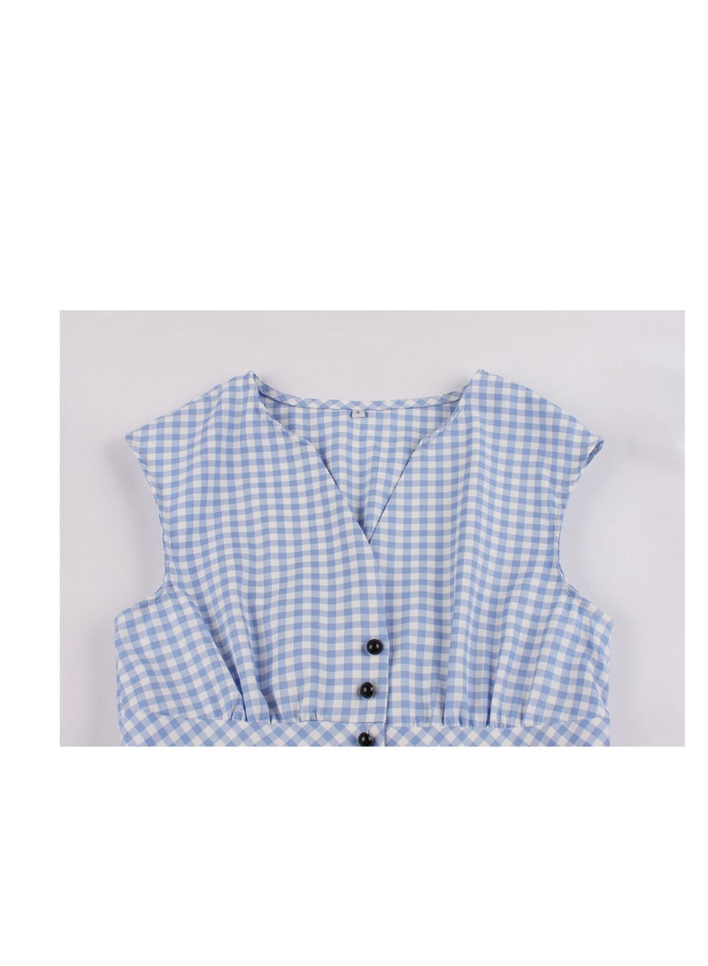 Loquat Single-breasted plaid V-neck sleeveless high-waisted vintage dress  - Image 3