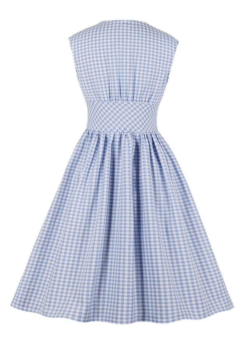 Loquat Single-breasted plaid V-neck sleeveless high-waisted vintage dress  - Image 2