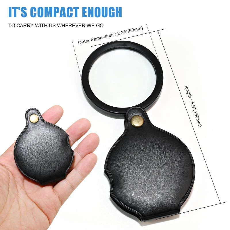 Pocket Magnifier: 10X Crystal-Clear Glass Lens, Foldable 60mm Black, Protective Leather Case - Portable 360° Rotating Design, Reading Magnifier for Elderly, Kids, Home, On-The-Go Tasks - Image 2