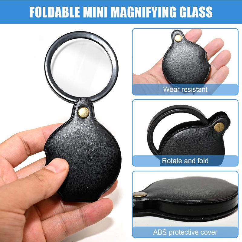 Pocket Magnifier: 10X Crystal-Clear Glass Lens, Foldable 60mm Black, Protective Leather Case - Portable 360° Rotating Design, Reading Magnifier for Elderly, Kids, Home, On-The-Go Tasks - Image 4