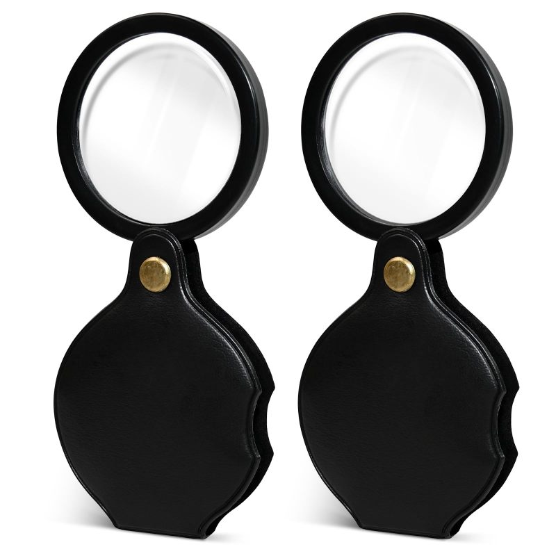 Pocket Magnifier: 10X Crystal-Clear Glass Lens, Foldable 60mm Black, Protective Leather Case - Portable 360° Rotating Design, Reading Magnifier for Elderly, Kids, Home, On-The-Go Tasks - Image 1