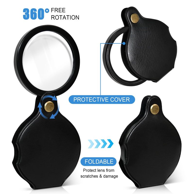 Pocket Magnifier: 10X Crystal-Clear Glass Lens, Foldable 60mm Black, Protective Leather Case - Portable 360° Rotating Design, Reading Magnifier for Elderly, Kids, Home, On-The-Go Tasks - Image 3
