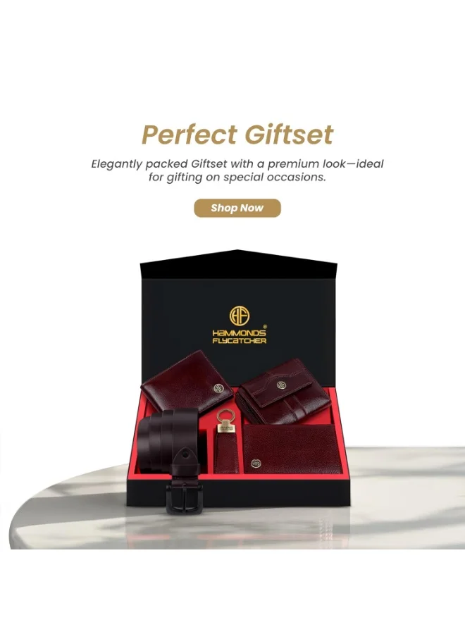 HAMMONDS FLYCATCHER Genuine Leather Premium 5 in 1 Mega Gift Combo Gifts Set for Men & Colleagues - Men's Wallet, Ladies Wallet, Passport Holder, Men's Belt & Keyring - Breeze Brown