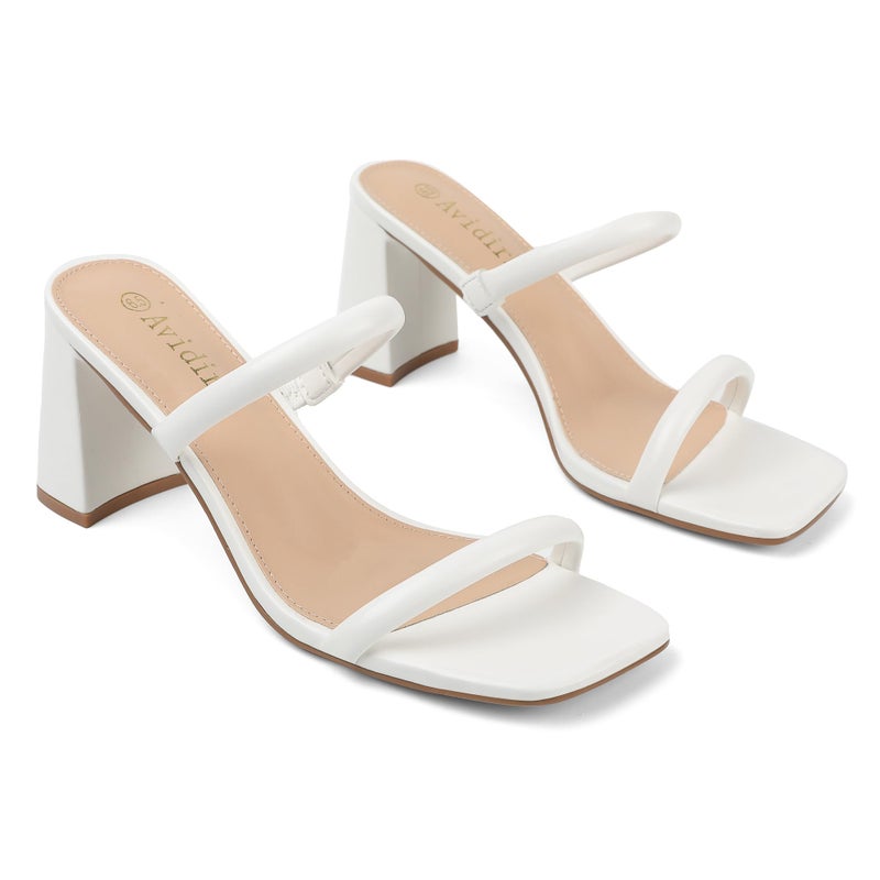 Avidirk Women's Square Open Toe Heeled Sandals Two Strap Mules Slip On Block Chunky Mid White Heels Sandals - Image 4
