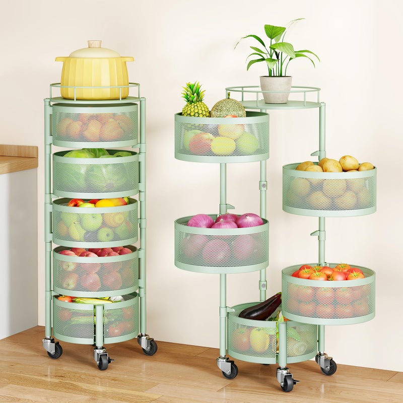 SAYZH Fruit Vegetable Basket for Kitchen, Rotating Storage Rack, 5 Tier Rolling Cart with top lid, Large Metal Wire Basket for for Potato Onion Snack, Green - Image 1