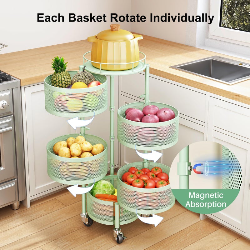 SAYZH Fruit Vegetable Basket for Kitchen, Rotating Storage Rack, 5 Tier Rolling Cart with top lid, Large Metal Wire Basket for for Potato Onion Snack, Green - Image 3
