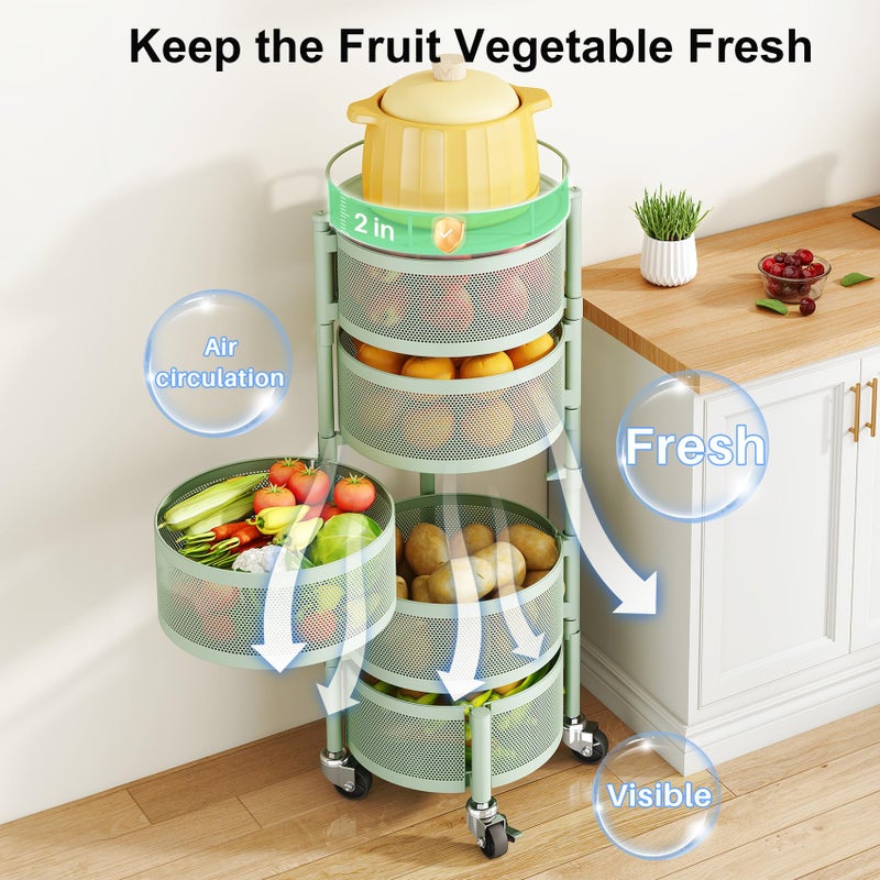 SAYZH Fruit Vegetable Basket for Kitchen, Rotating Storage Rack, 5 Tier Rolling Cart with top lid, Large Metal Wire Basket for for Potato Onion Snack, Green - Image 4