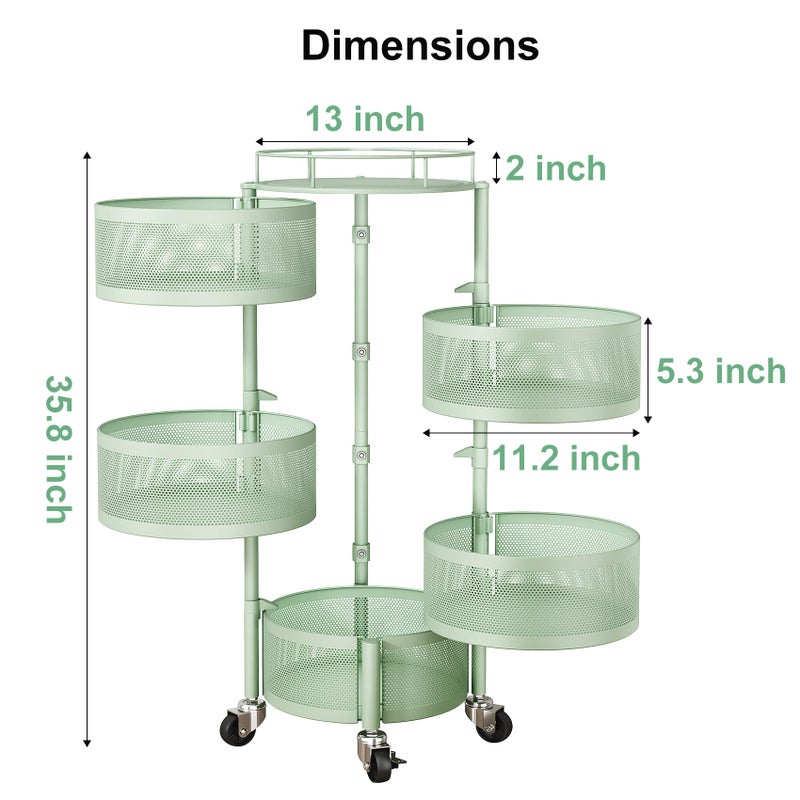 SAYZH Fruit Vegetable Basket for Kitchen, Rotating Storage Rack, 5 Tier Rolling Cart with top lid, Large Metal Wire Basket for for Potato Onion Snack, Green - Image 2