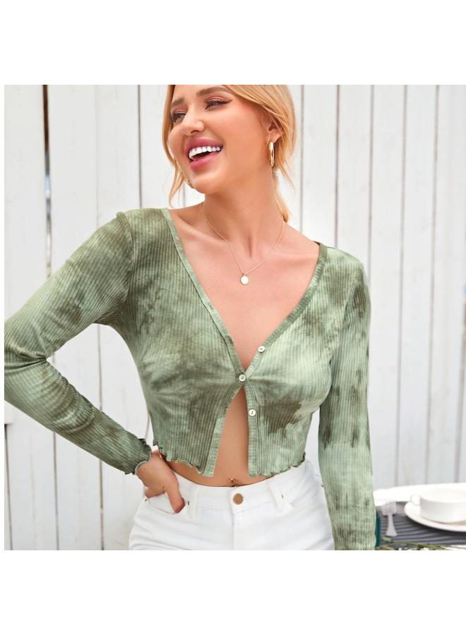 Song Feng Ya Spring New European And American Fashion Tie-dyed Long-sleeved Cardigan T-shirt Casual All-match Slim-fit Slimming V-neck T-shirt For Women