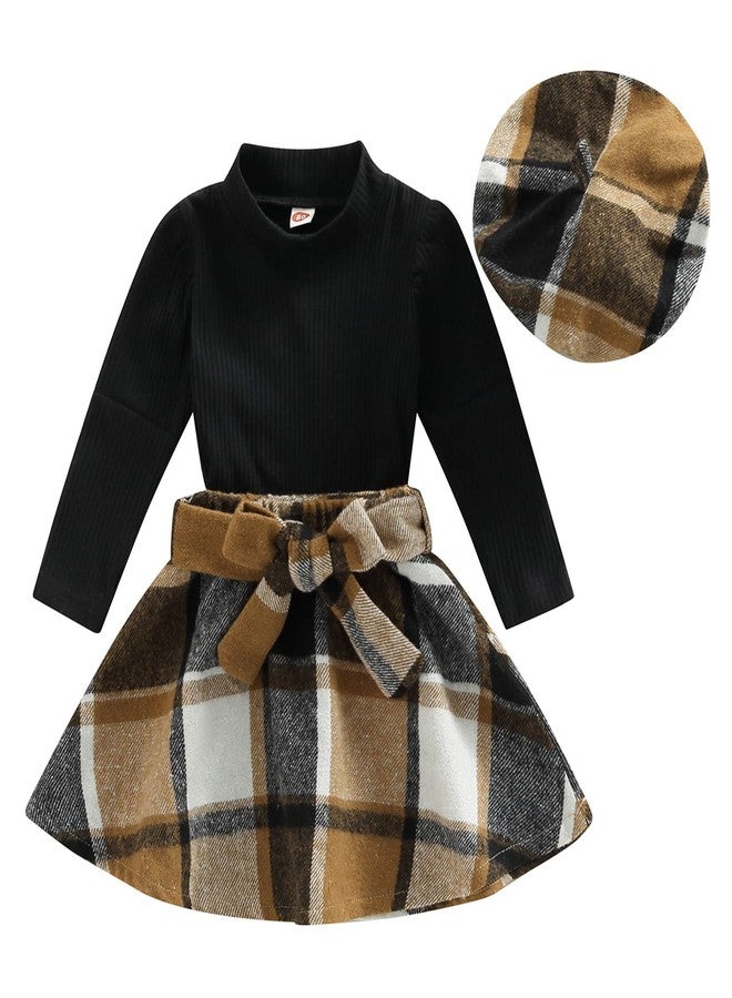 Mubineo Toddler Baby Girl 3PCS Fall Winter Skirt Outfits Long Sleeve Shirt Tops Plaid Skirts Hat Set (Black Brown, 18-24 Months) - Image 1